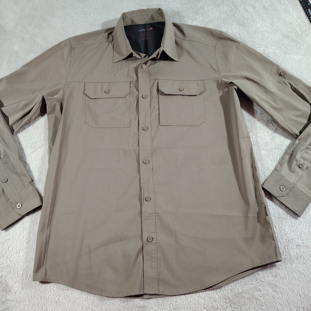 Swiss Tech Shirt Men M 38-40 Brown Check Work Office Dad Dinner Long Sleeve